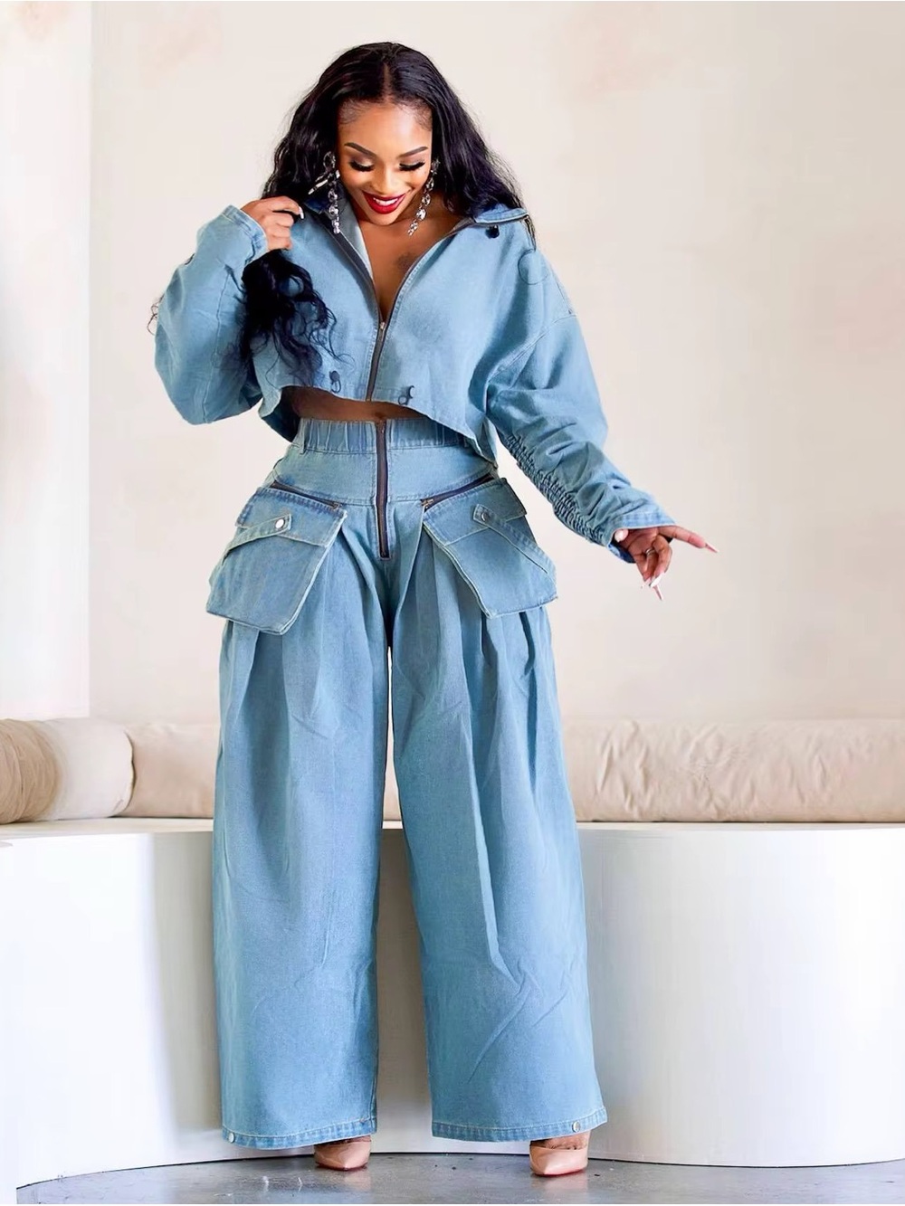 Light Blue Denim Cargo Wide-Leg Jumpsuit Set